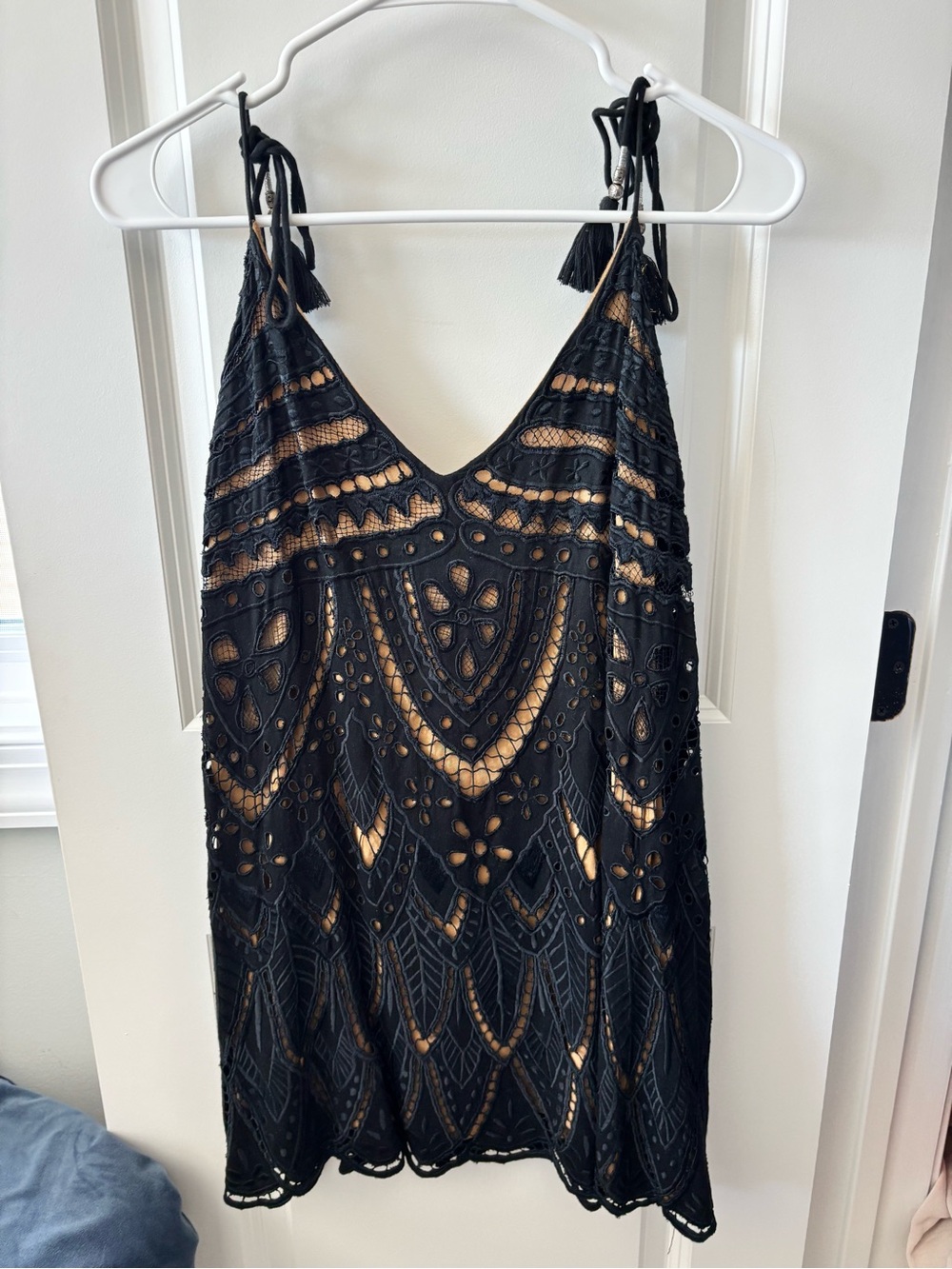 Free People Black Lace Overlay Mini Dress with Nude Underlayer